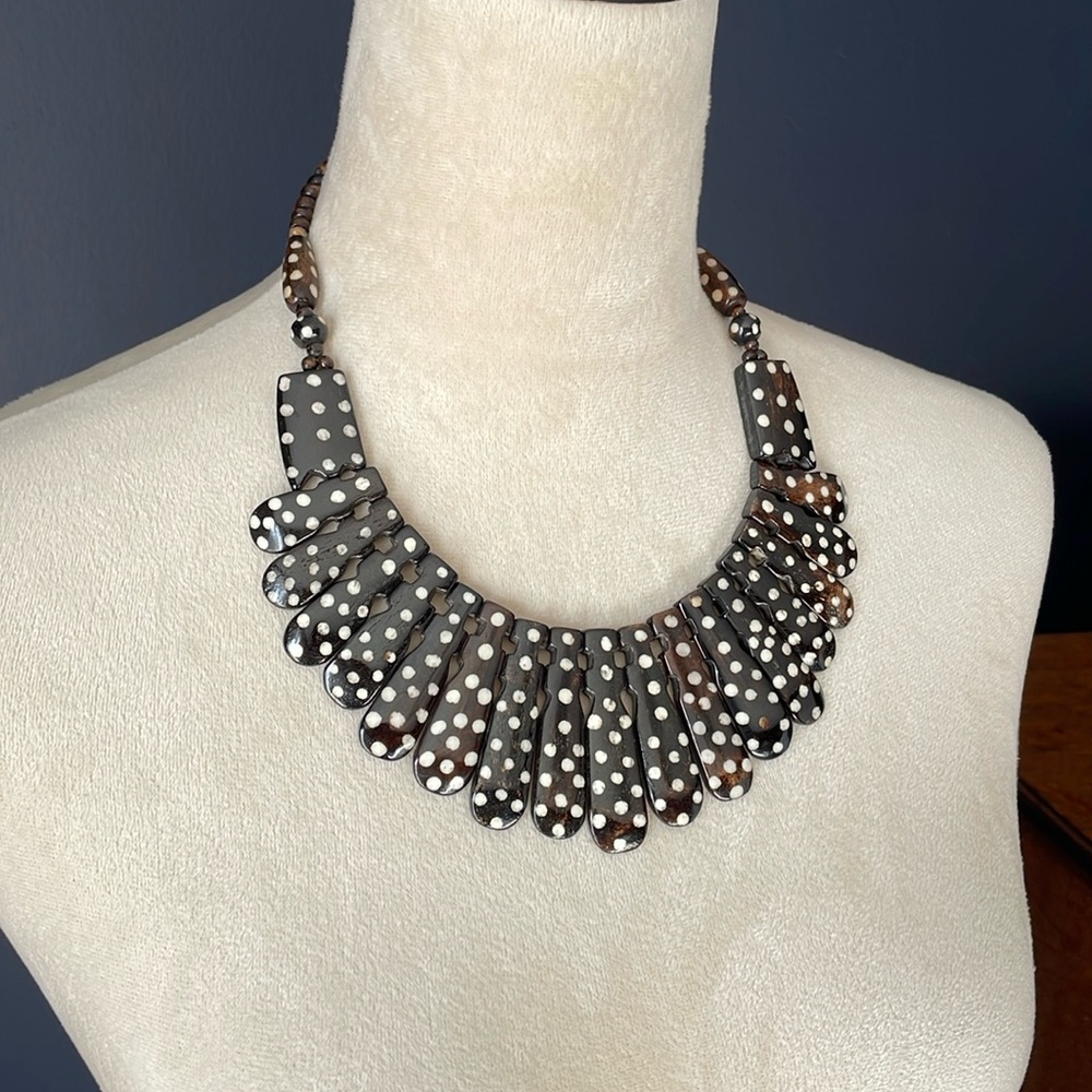 Statement Bib Necklace in Brown with White Polka Dots